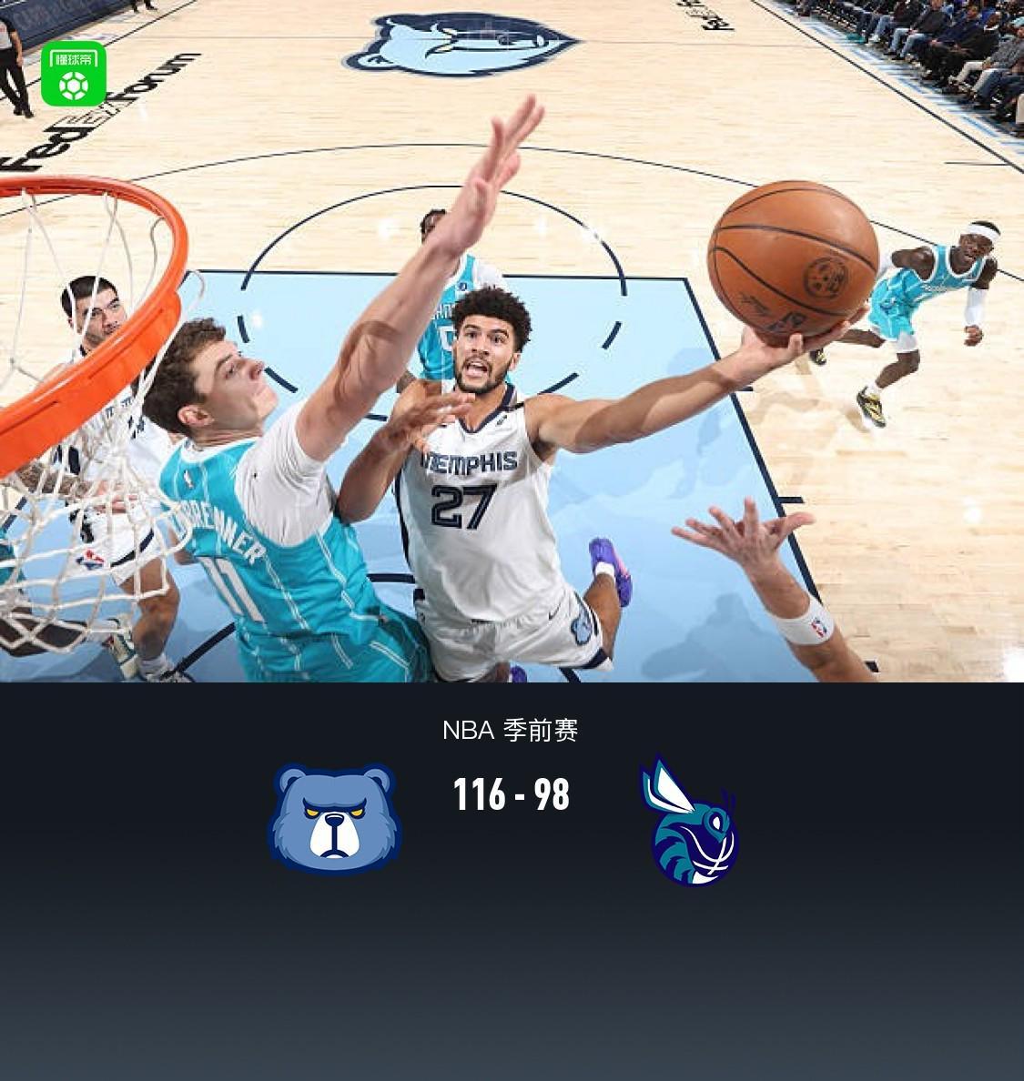 灰熊116-98大胜黄蜂，布泽尔19+7+3，米勒15分